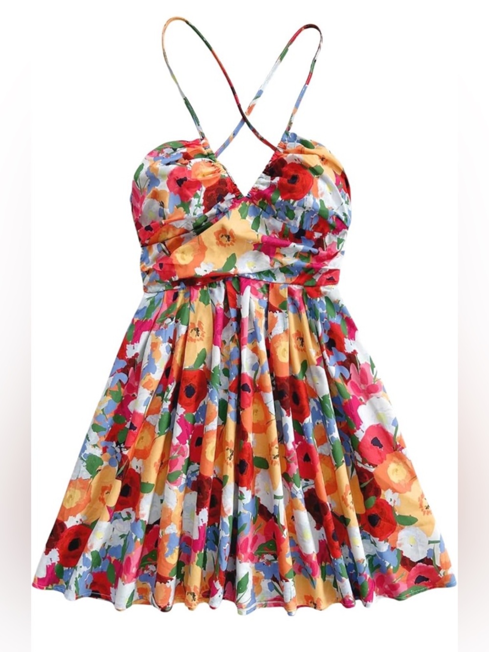 SOLY HUX Women’s Boho Floral Print V Neck Dress Criss Cross Tie Back Beach mini